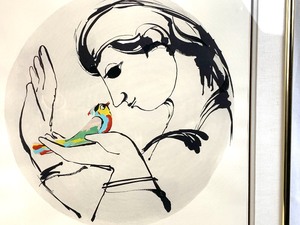 lot 92 image: Bjorn Wiinblad Framed Print of Woman With A Bird, Signed 1981 # 1866
