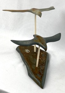 lot 100 image: Native Eskimo Art Stone and Bone Sculpture of 2 Flying Birds