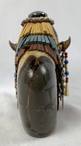 lot 101 image: S. Rogers Mineral Specimen Stone Buffalo, Ornately Decorated w Turquoise, Charms, Seed Beads, Stones & Leather