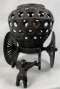 lot 120 image: Asian Art Metal Sculpture of a Wagon With Large Wheels, Carrying a Large Metal Basket