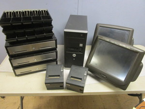 lot 421 image: RADIANT SYSTEMS RETAIL MONITORS, EPSON RECEIPT PRINTERS, NOBILIS HARD DRIVE, CASH REGISTERS