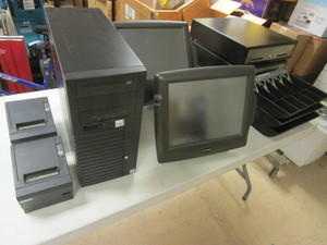 lot 422 image: RADIANT SYSTEMS RETAIL MONITORS, EPSON RECEIPT PRINTERS, NOBILIS HARD DRIVE, CASH REGISTERS
