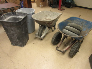 lot 441 image: CONSTRUCTION WHEELBARROWS, SPARE WHEELBARROW WHEELS, GARBAGE CANS
