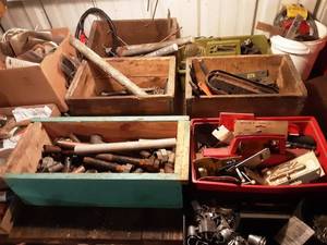 Bench Full Of Assorted Hardware & Painting Supplies