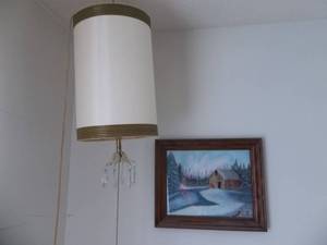 lot 21 image: Hanging Light Fixture With Farm Painting By Landin 14x17