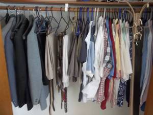 lot 27 image: Contents Of Closet, Mens Clothes, Suits, Pants, Ties, Shirts XL And Hall Tree