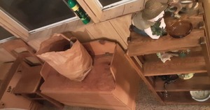 lot 199 image: 2-Wood Chairs, Bench  Shelf Also A Box Of Tupperware