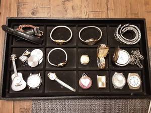 lot 123 image: Lot Of Assorted Watches 2-Vintage Msns Elgins, 1-Guitar Elgin, 4-Ladies, Pocket Watch, Bands & Parts