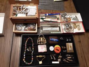 lot 128 image: Lot Of Misc. Collectibles Cuff Links, Tie Tacks, Tie Bars, Pens, Key Fobs, Belt Buckles, More