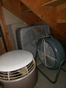 lot 204 image: Contents Of Under The Stairs Vintage Coleman Lantern, Fans & More