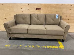 lot 21 image: LIFESTYLE SOLUTIONS Harvard 31.5 in. Brown Microfiber 4-Seater Tuxedo Sofa with Round Arms