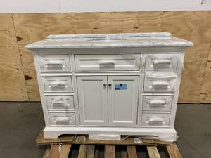 lot 51 image: HOME DECORATORS COLLECTION Windlowe 49 in. W x 22 in. D x 35 in. H Bath Vanity in White with Carrera Marble Vanity Top in White with White Sink