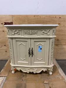 lot 52 image: HOME DECORATORS COLLECTION Winslow 33 in. W x 22 in. D Bath Vanity in Antique White with Vanity Top in White Marble with White Basin