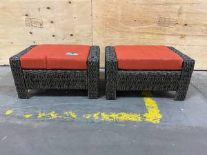 lot 55 image: HAMPTON BAY Laguna Point Brown Wicker Outdoor Patio Ottoman with Standard Quarry Red Cushions (2-Pack)