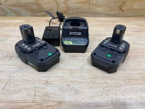 lot 56 image: RYOBI Lot of 2-  18v Batteries (1.5Ah) with an 18v Charger