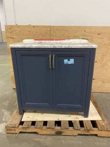 lot 101 image: HOME DECORATORS COLLECTION Sandon 36 in. W x 22 in. D Bath Vanity in Midnight Blue with Marble Vanity Top in Carrara White with White Basin