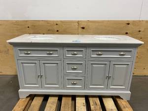 lot 102 image: HOME DECORATORS COLLECTION Sadie 67 in. W x 21.5 in. D Vanity in Dove Grey with Marble Vanity Top in Natural White with White Sinks