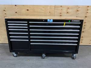 lot 103 image: HUSKY 62 in. 14-Drawer Mobile Workbench with Solid Wood Top, Black