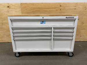 lot 104 image: HUSKY 52 in. 9-Drawer Mobile Workbench in Gloss White