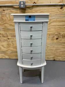 lot 90 image: STYLEWELL 6 Drawer White Wood Jewelry Armoire with Curved Detail (17 in W. X 40 in H.)