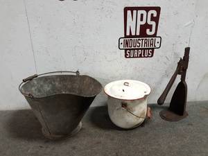 lot 29 image: Galvanized Coal Bucket, Enamel Pot w Lid and Bottle Capper