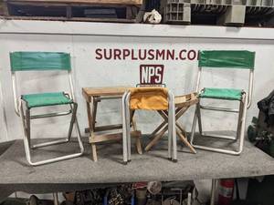 lot 9 image: Vintage Ice Fishing Folding Aluminum and Wood Chairs