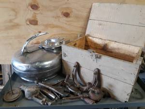 lot 701 image: Stainless Steel Milk Can, Vintage Tools and Wood Box