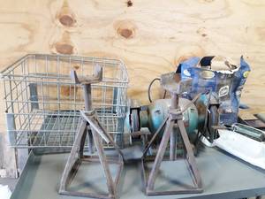 lot 710 image: Bench Grinder (Works), Jacks, Chrome Covers (GMC Truck) and Wire Basket