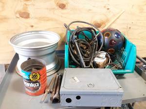 lot 712 image: Steel Rim (13 x 9 4-Bolt), Coffee Can of Sockets and More