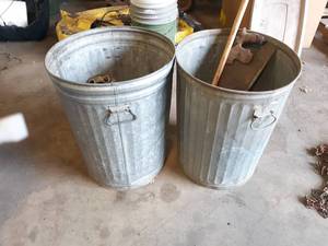 lot 737 image: (2) Galvanized Trash Cans w Assorted Wheel Caps and More