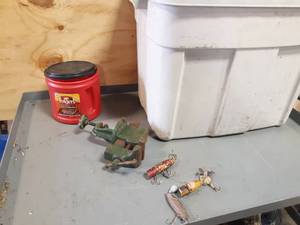 lot 741 image: Vintage Fishing Lures, Small Vice and More in Tote