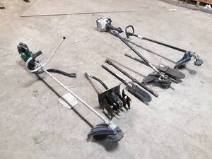 lot 664 image: Lot of 7 Weed Trimmers and Attachments for Repair or Parts