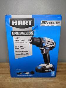 lot 5 image: Brand New HART 20-Volt Cordless Brushless 12-inch Drill Kit Storage Bag 2Ah Lithium-Ion Battery Fast Charger