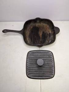 lot 112 image: 11 Pre Seasoned Cast Iron Grill Pan and Press