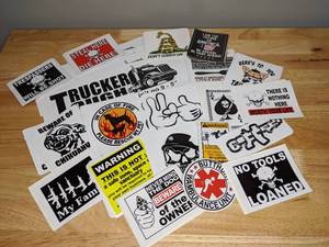 lot 168 image: 70 Funny Printed Sticker Lot Truckers Coffee No Tools Loaned Warning