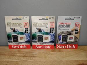 lot 179 image: 2 New SanDisk Xtreme Plus 32gb Micro SDHC Card & a 64gb Ultra Plus SDXC Card