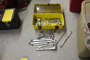 lot 48 image: Metal Tool Box, Wrenches, Ratchet, Sockets