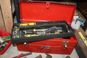 lot 49 image: Metal Tool Box with Tool Tray, Wrenches, Screwdrivers, Hand Tools