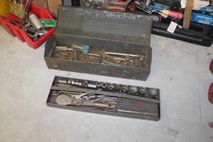lot 58 image: Metal Tool Box with Tool Tray, Sockets, Ratchet, Pliers, Wrenches, Misc. Hand Tools