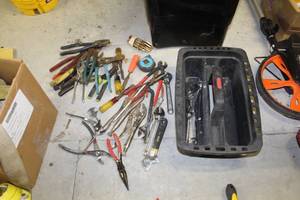 lot 63 image: Plastic Tool Caddy, Pliers, Wrenches, Misc. Hand Tools