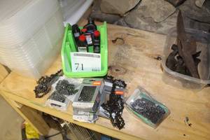 lot 71 image: Chain Saw Chains (x7), 2-Cycle Oil (x5)