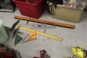 lot 84 image: Lot of (9) Hand Tools - T-Squares, Squares, Level, Ruler