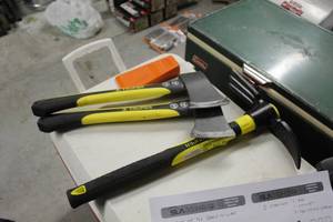 lot 108 image: Truper Tiller (new), Truper Hatchets (x2), Splitting Wedge (x1)