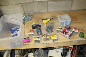 lot 142 image: Lot of Fasteners (original packaging) - Anchors, Sheet Metal Screws, Roofing Screws, Self-Drilling Screws, Crown Staples, Misc. Fasteners