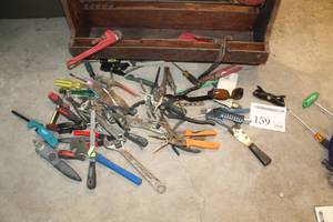 lot 159 image: Wooden Tool Box 32, Wrenches, Screwdrivers, Misc. Hand Tools