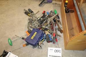 lot 160 image: Wooden Tool Box 27, Wrenches, Screwdrivers, Misc. Hand Tools