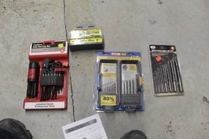 lot 210 image: Lot of (4) Hand Tools (new) - Industrial Grade Professional 13-piece SAE Hex Key Set, Ryobi Black Oxide Drill Bit Set 14-piece, Itt Brad Point Drill Bit Set 7-piece, Performax Roundover Router Bit Set 4-piece