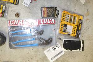 lot 206 image: Lot of (4) Hand Tools (new) - Channel Lock Plier Set 2-piece, Extra Life Titanium Coated Drill Bit Set 10-piece, Fits All Horizontal Cell Phone Holster, DeWalt Screwdriving Set 31-piece