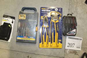 lot 207 image: Lot of (4) Hand Tools (new) - Fits All Vertical XL Cell Phone Holster, Ryobi Drilling and Driving Accessorry Kit 31-piece, Irwin Vise-Grip Plier Set 2-piece, Jobsmart Precision Screwdriver Set 8-piece
