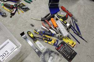 lot 202 image: Lot of Hand Tools (new) - Specialty 34 Drill Bit, Drill Bit Index, Friction Tape, Small Handle Hammer, EZ Tool Multi-socket Wrench, Tektron Nut Driver Set, Punches and Chisels, And More